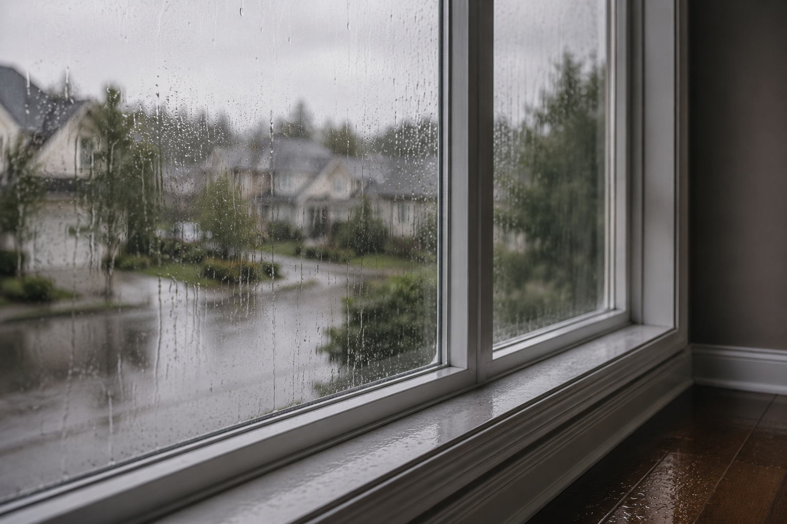 Rainy window view used as atmosphere for a water-damage section